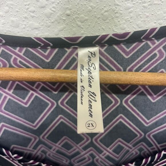 Perseption Women's 2X Multicolor Purple Geometric Blouse 3/4 Sleeve Boat Neck - Picture 6 of 12